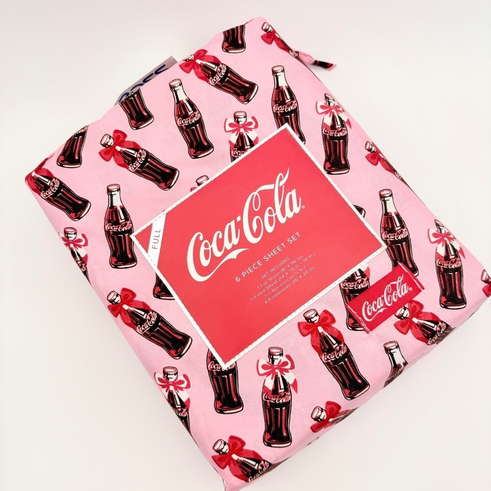 Coca Cola Pink Full 6 Piece Sheet Set Bottles Bows